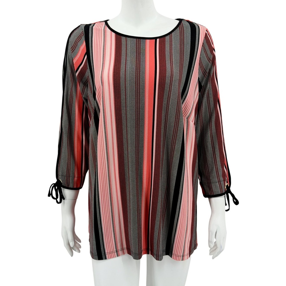 Roz & Ali Top Womens 1X Coral Black Striped Stretch Artsy Mature Office Retro